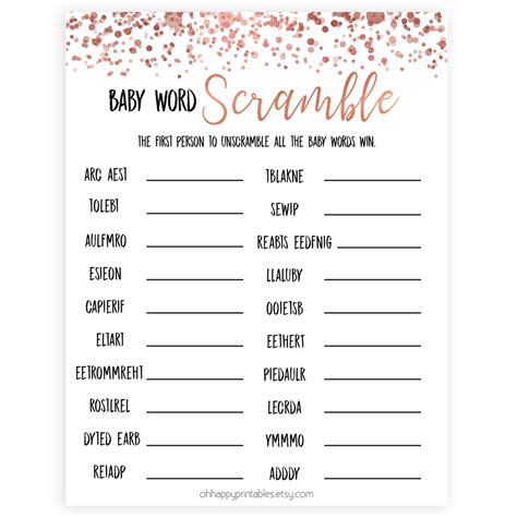 All you need are some printable scramble puzzles and pens, and you are good to go. Baby Shower Word Scramble - Rose Gold Printable Baby ...