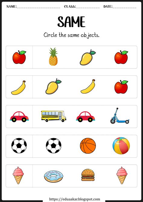 Similar And Different Objects Worksheets For Kindergarten Printable