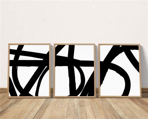 Black And White Abstract Art 3 Piece Wall Art Contemporary Scribble