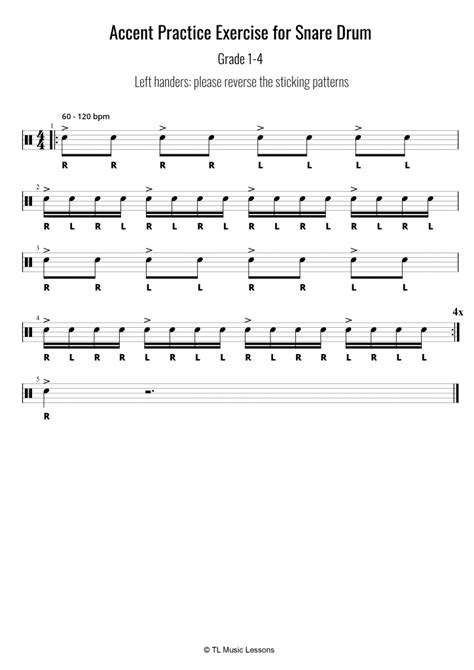 Accent Practice Exercise For Snare Drum Learn Drums For Free