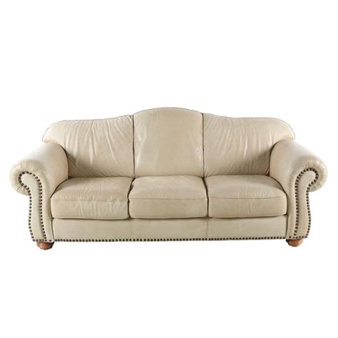 Contemporary Leather Camelback Sofa With Nailhead Trim Ebth