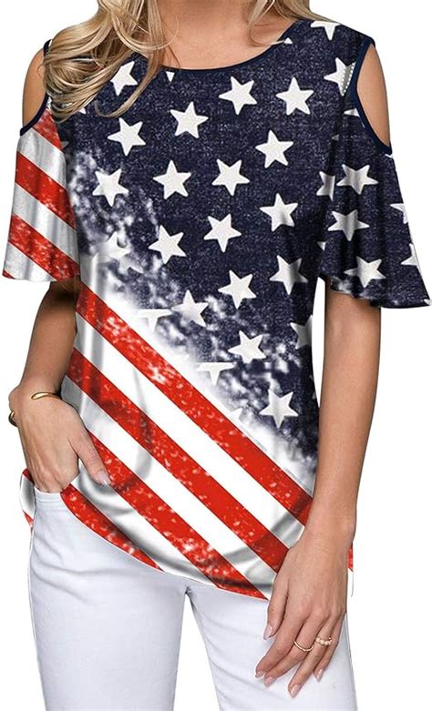 4th Of July Shirts Women American Flag Tops Cold Shoulder Patriotic Usa