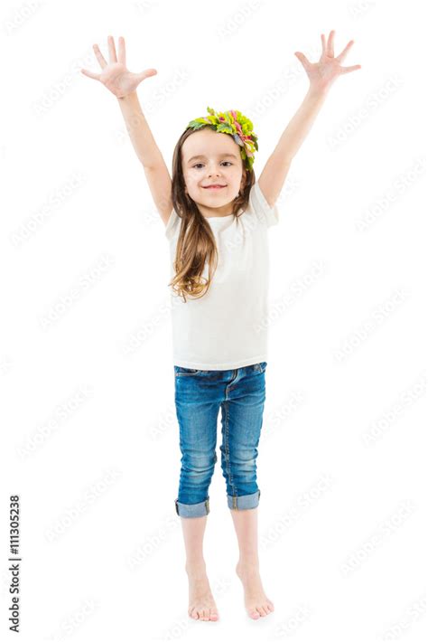 Small Cute Girl Raise Hands Up Waving Her Arms To Attract Attention