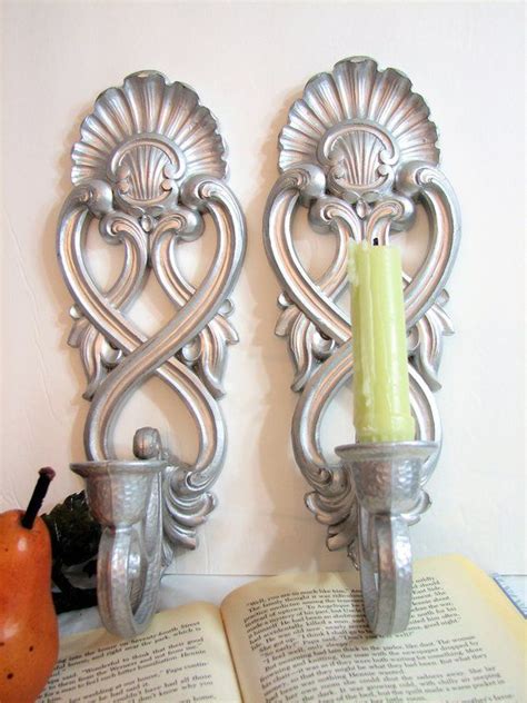 Vintage Silver Candle Wall Sconces By Homco 12 Tall Baroque Pair Set