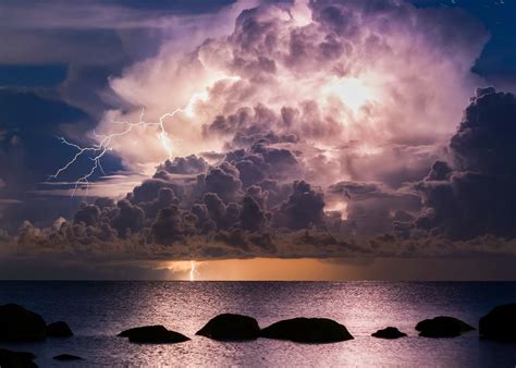 566556 Lightning Sea Rock Storm Clouds Night Nature Landscape