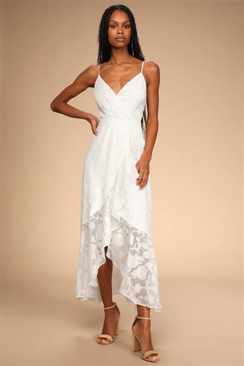 White Dress Floral Jacquard Dress High Low Dress Lulus
