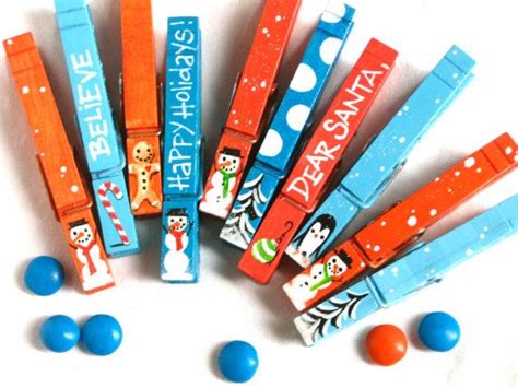 10 Christmas Clothespin Magnetic Hand Painted Orange And Blue Etsy Christmas Clothespins