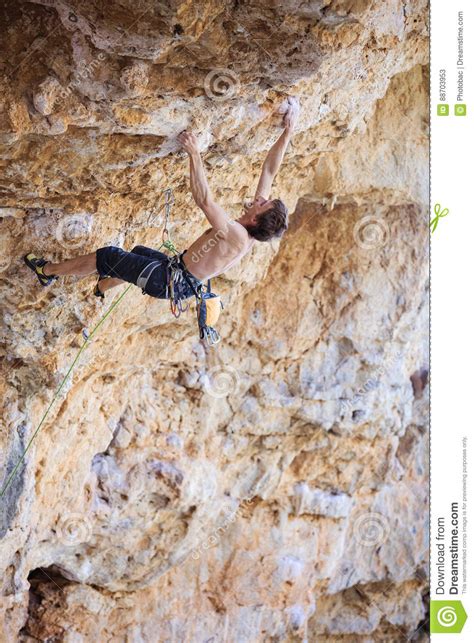 Male Rock Climber On Challenging Route On Cliff Stock Image Image Of