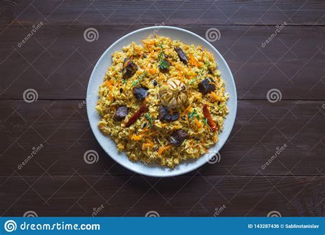 Plate Of Meat Pilaf Asian Dish Top View Stock Photo Image Of