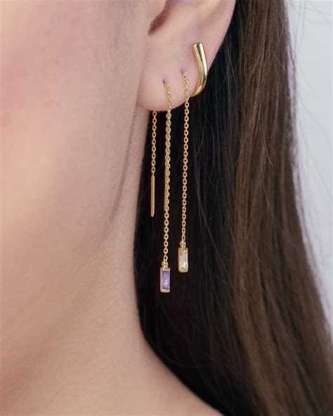 Dainty Bar Chain Gemstone Threader Earrings Hanging Bar Etsy