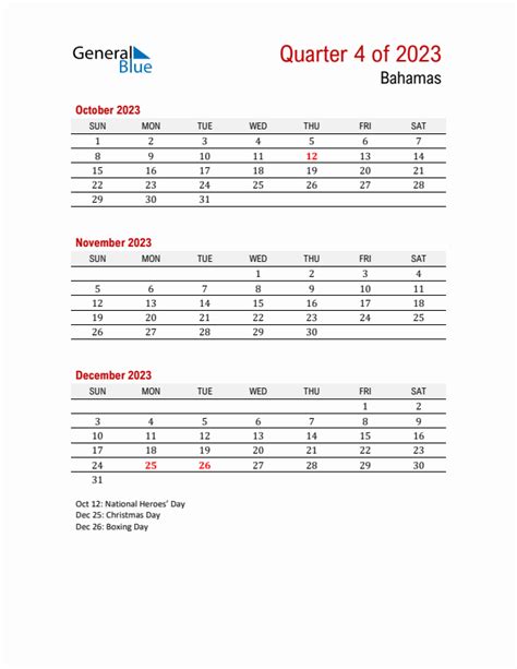 Q4 2023 Quarterly Calendar With Bahamas Holidays