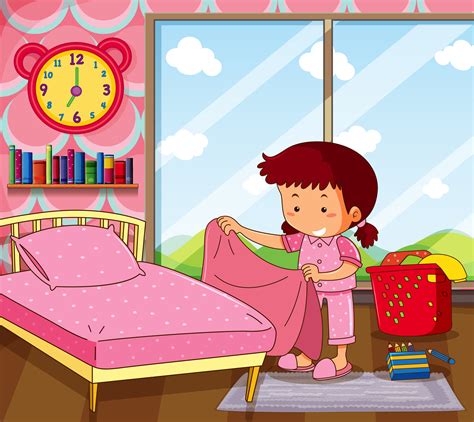 Girl Making Bed In Pink Bedroom 419631 Vector Art At Vecteezy