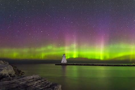 Northern Lights Aurora Over Saugeen River Lake Huron
