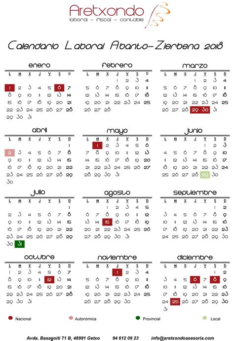 Anticipate a los días festivos de tu provincia y planifica tus vacaciones. Calendario Abanto-Zierbena 2018 - Asesoría Aretxondo