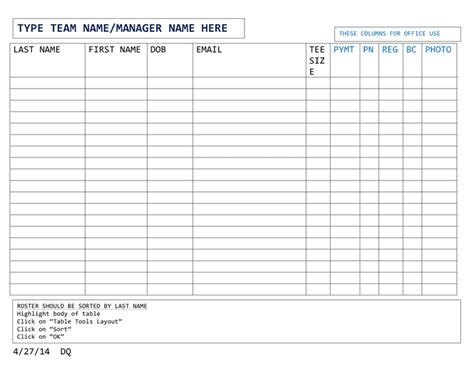 Roster Template In Word And Pdf Formats