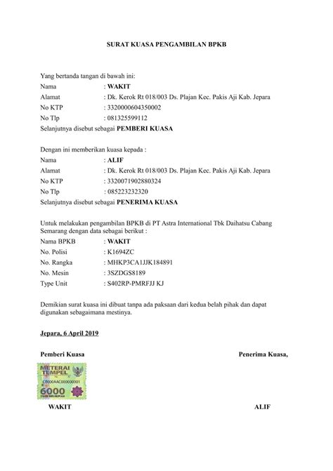 Contoh Surat Kuasa Pengambilan Bpkb Di Dealer - Kumpulan Contoh Surat