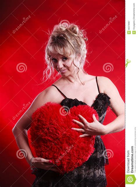 Mature Woman Hug Big Red Heart Stock Image Image Of Fashion Heart 66379987