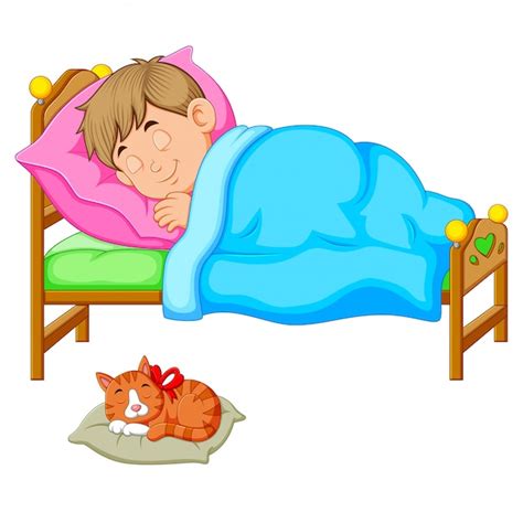 Niño durmiendo en la cama con un gatito Vector Premium