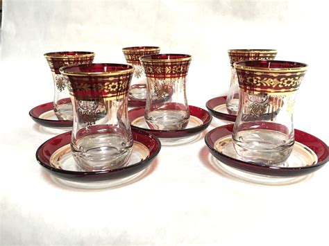 Burgandy And Gold TrimTea Glass Turkish Tea Set Turkish Cups
