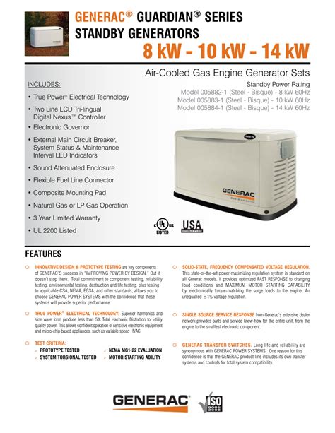 Generac Guardian Series Standby Gas Engine Generators 005882 1 User Manual 4 Pages Also For