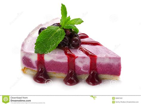 Piece Of Tasty Cheesecake With Cherries And Mint Leaves Isolated Stock
