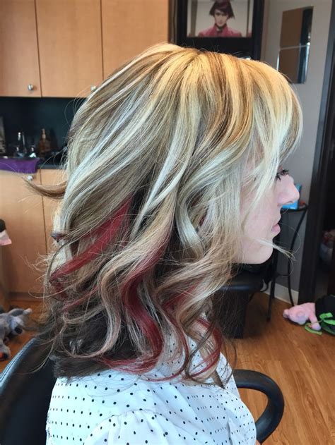 A southern woman's hair is the crown she never takes off; Red peek-a-boo on blonde with brown lowlights | Hair by ...