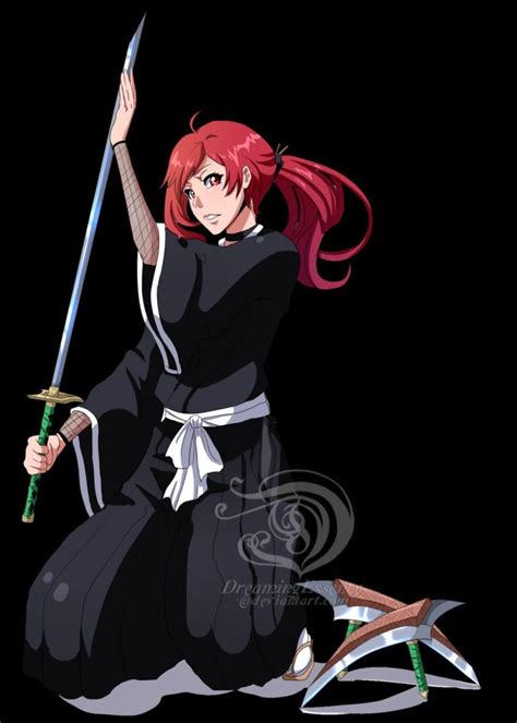 An Anime Character With Red Hair Holding Two Swords And Wearing Black