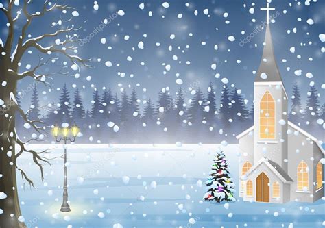 Winter Landscape With Church Christmas Night Background Stock Vector
