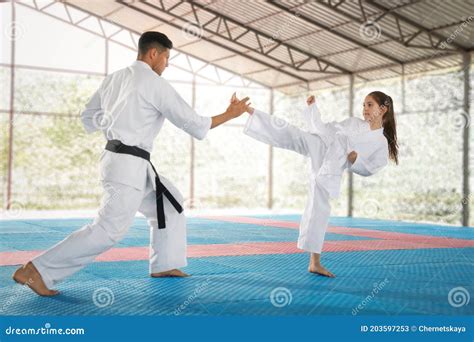 girl practicing karate with coach on tatami outdoors stock image image of instructor
