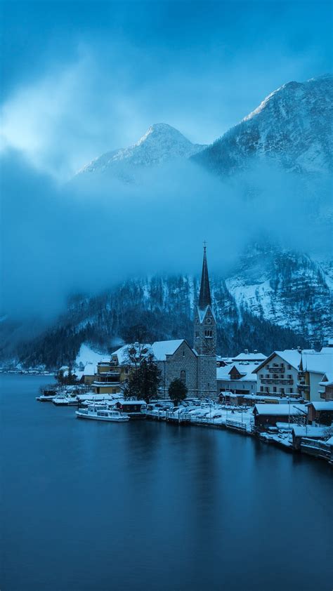 Wallpaper Hallstatt Austria Winter Snow Lake