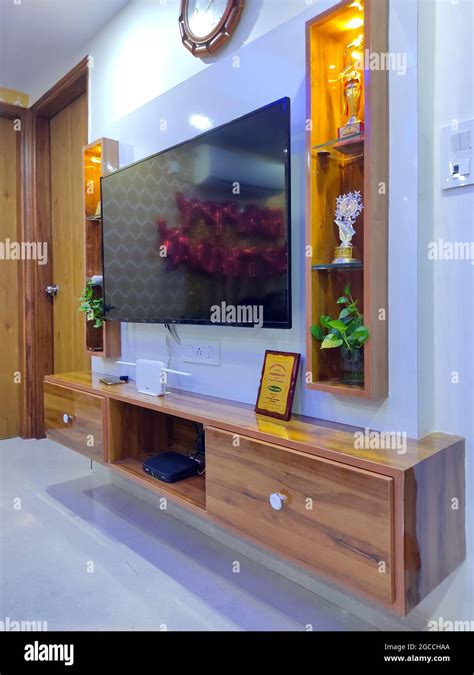 Wall Hanging Television Showcase Cabinet With Wooden Panel Shelving