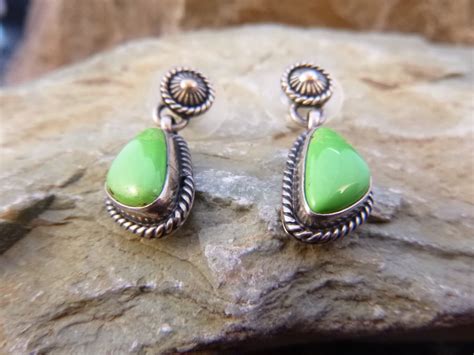 Navajo Sterling Earrings Apple Green Natural Turquoise Native American