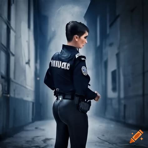 Stunning Rear Low Angle View Of A Policewoman In White Shirt And Black Leather Trousers