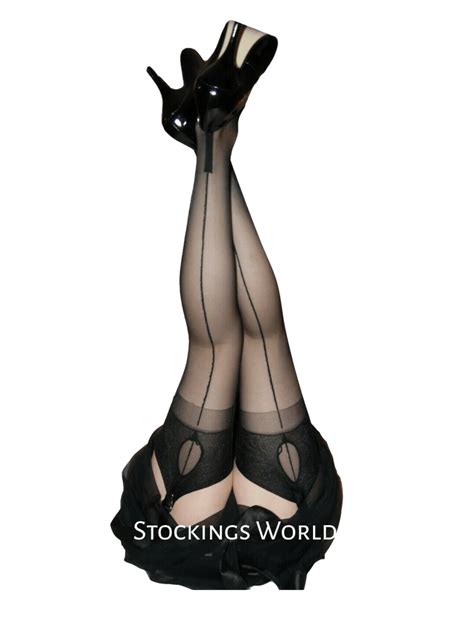 Fully Fashioned Stockings Nylons Seamed Cuban Heel Key Hole Welt Black M L