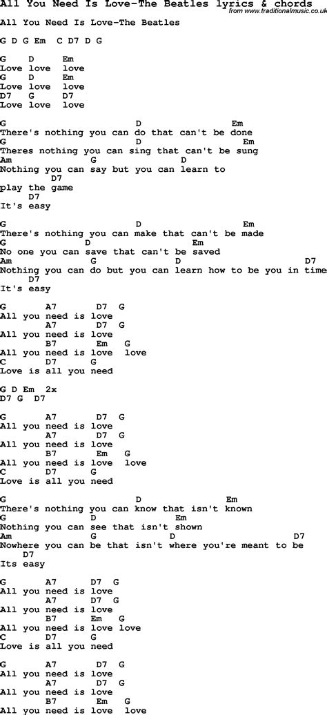 Love Song Lyrics for: All You Need Is Love-The Beatles with chords for