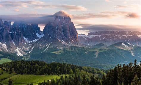 Alps Mountain Sunset Forest Clouds Italy Snowy Peak Trees Grass Green