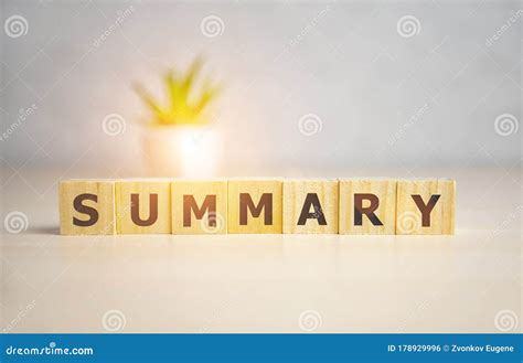 Summary Word Written On Wood Cubes Sunny Background Stock Photo