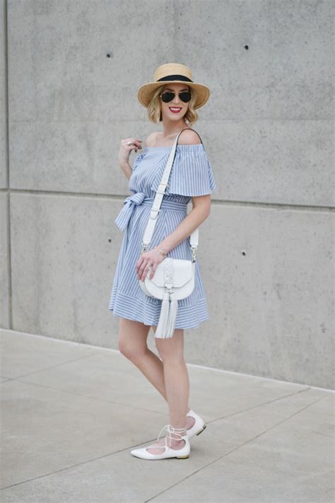 Blue And White Striped Off The Shoulder Dress Straight A Style