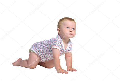 Un Bebé Gatea En Cuatro Patas Y Mira Para Arriba — Foto De Stock