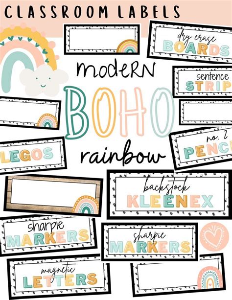 Modern Boho Rainbow Classroom Supplies Labels Editable Boho Rainbow