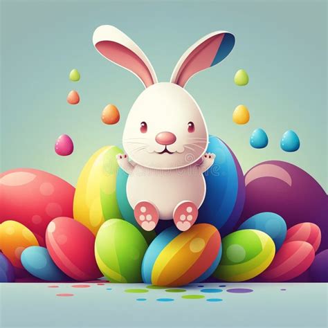 Cute Cartoon Easter Bunny Sitting Between Rainbow Color Easter Eggs