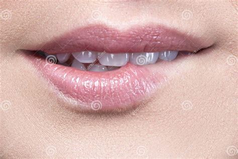 Close Up Of Girl Biting Coral Lips Stock Image Image Of Face Glamor