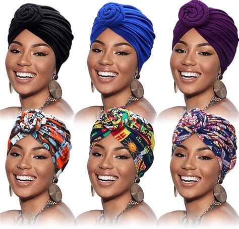 Satinior 6 Pieces Women African Turban Flower Knot Pre Tied Bonnet Beanie Cap Headwrap Pure