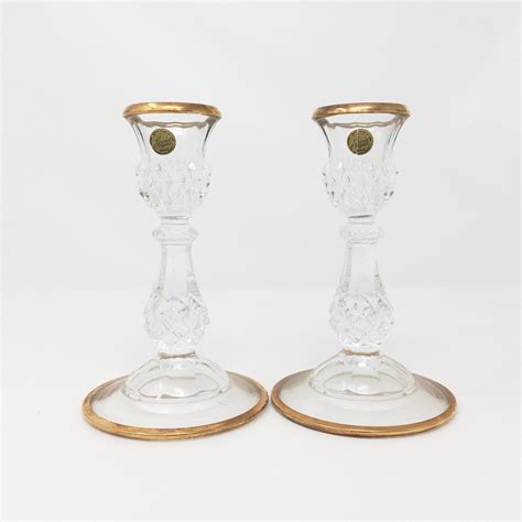 Gorgeous Pair Of Lead Crystal Candlestick Holders With Gold Trim Made