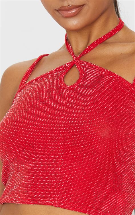 Red Textured Glitter Keyhole Strappy Crop Top Prettylittlething