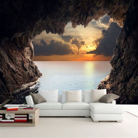Custom Wallpaper Mural 3d Cave Seascape Sunrise Home Decor Bvm Home