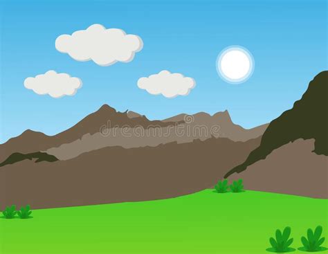 Cartoon Mountain Landscape With Blue Sky Sun And Clouds Green Field