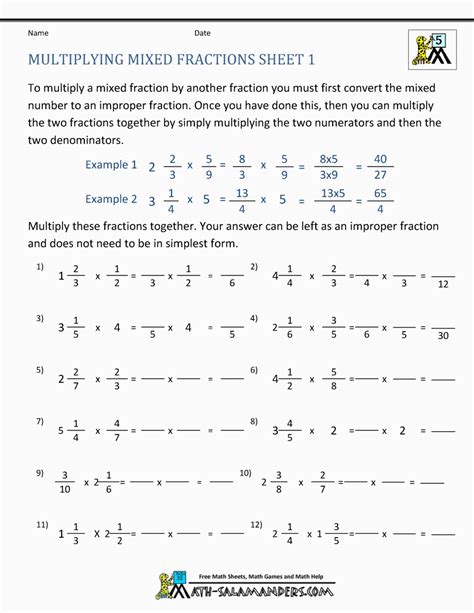Multiplying Fractions Worksheets Mixed Numbers