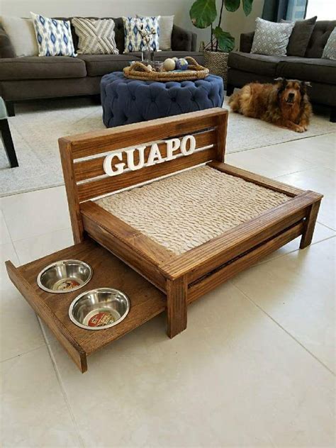 Medium Rustic Wood Dog Bed With Pull Out Feeding Station Etsy Wood