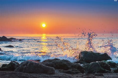 Stones Summer Waves Great Sunsets Sea Beautiful Views Wallpapers